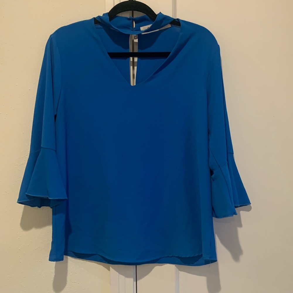 Blue Vneck Cutout Blouse with Sleeves